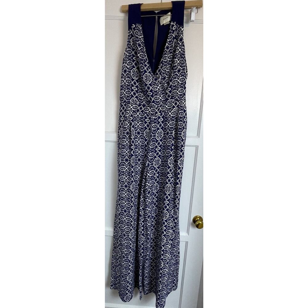 Anthropologie Elevenses Jumpsuit Womens 4 Blue Audra Wide Leg Flowy‎ Geometric